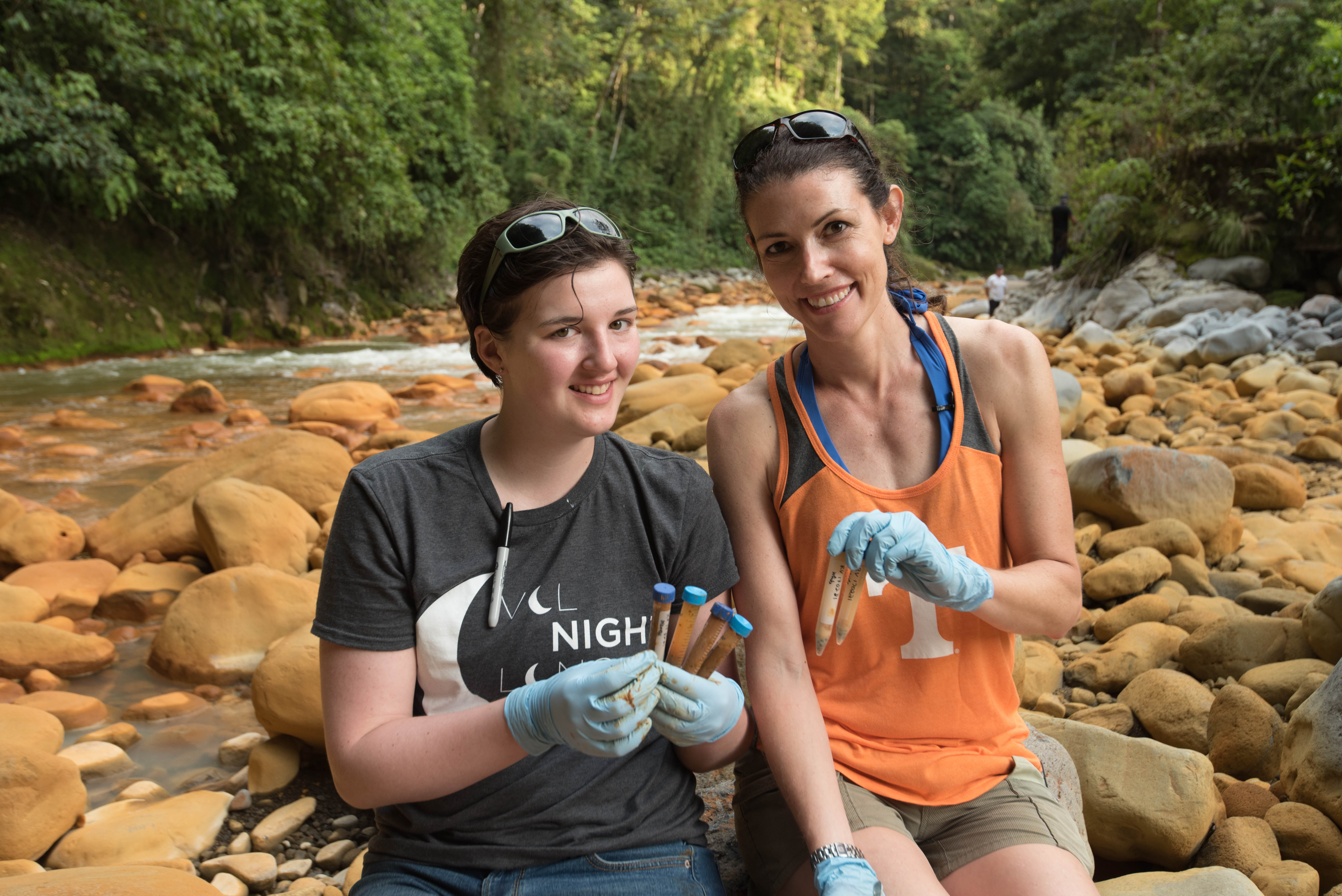 Microbiology professor, Karen Loyd, and PhD student Katie Fullerton, on a research trip to Costa Rica. Loyd and her team studied carbon lifeforms in warm springs and volcanos. Scientists from around the world participated in the study. Photo by Tom Owens